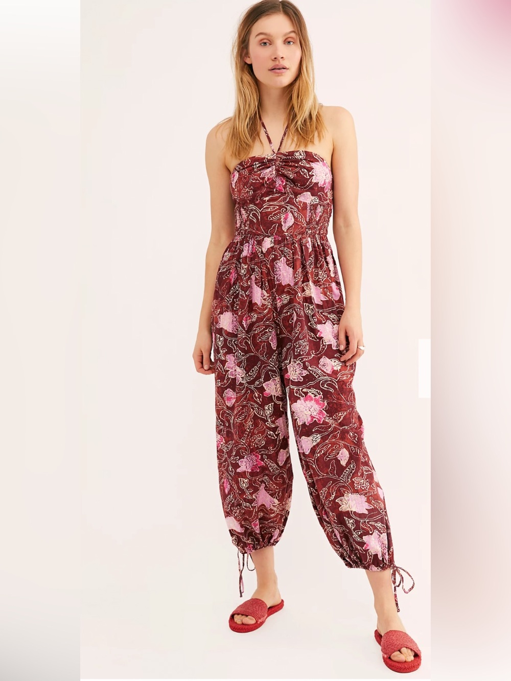 Free People Iris Strapless Floral Jumpsuit Chocolate and Pink Size Medium